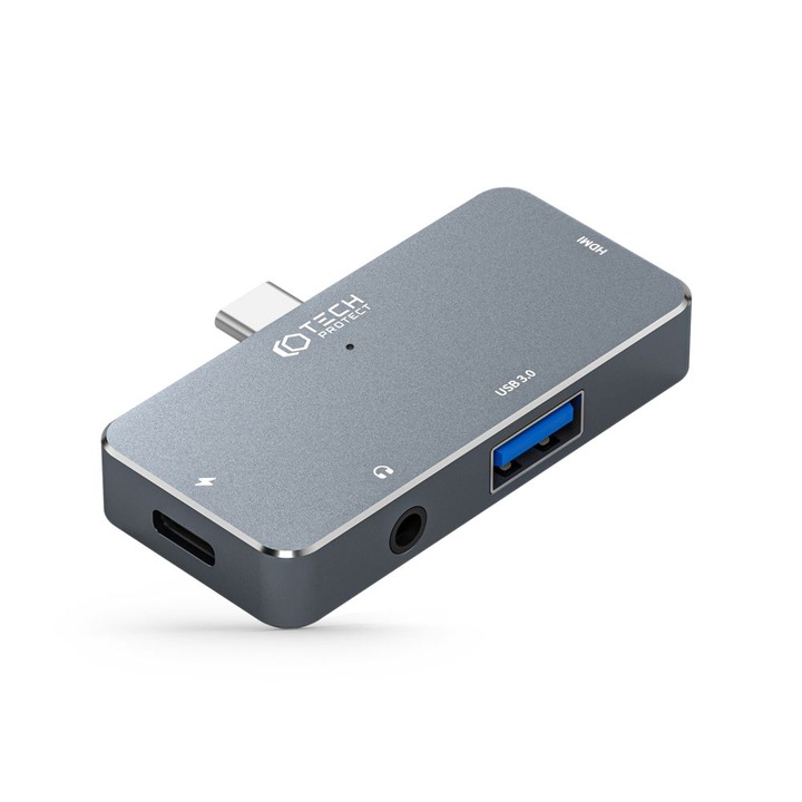 Алуминиев ХЪБ адаптер 4-в-1 TECH-PROTECT V6, USB-C - 1x USB 3.0, 1x USB-C 100W, 1x HDMI 4K 30Hz, 1x жак 3,5 мм, сив