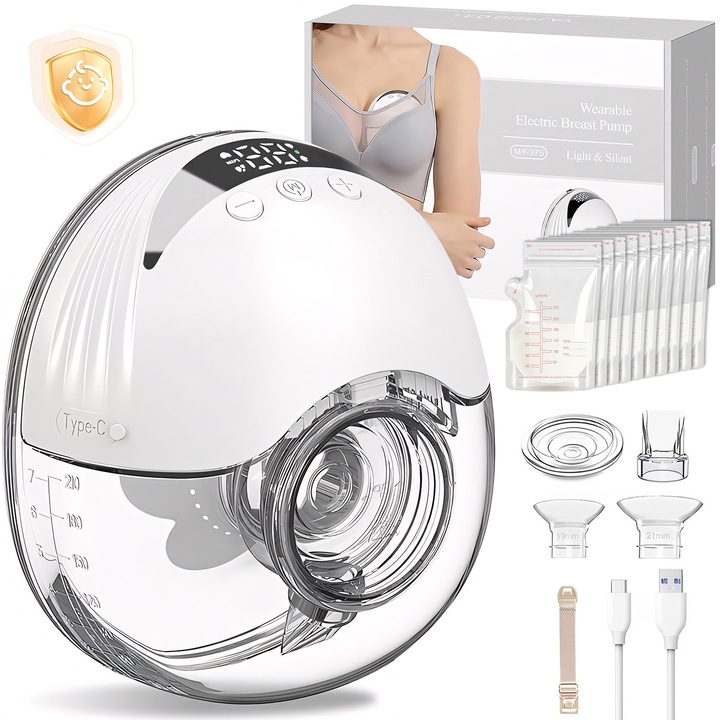 Електрическа помпа за кърма, BYONDSELF®, Преносима с функция за масаж, 4 режима с 12 нива на интензивност, дискретна под сутиена, 210 мл, Безжична, LED сензорен екран, Бяла