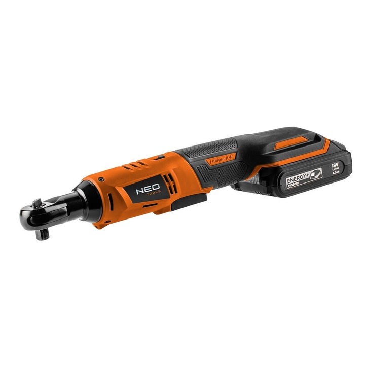 Cheie de impact cu clichet, Neo Tools, 18V, LI-LON, 3/8", Fara baterie, Adaptor 1/2", Negru/Portocaliu