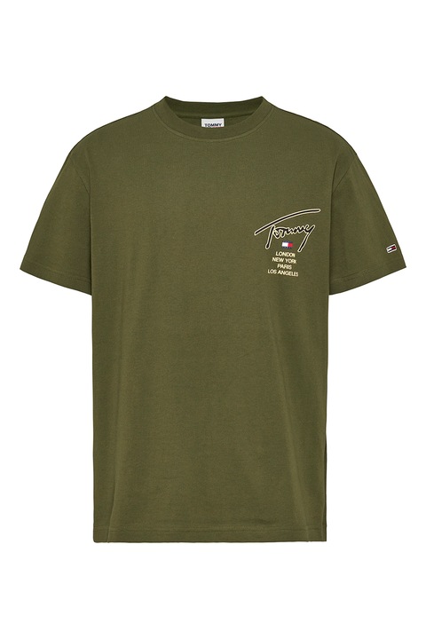 Tommy Jeans, Logós organikuspamut póló, Bézs/Olívazöld, XL