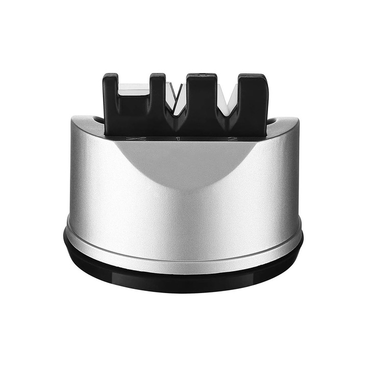 Ascutitor cutite, Vaxiuja, Tip ventuza, 3 fante, Rezistent la coroziune, Potrivit pentru o varietate de cutite, 60/60/60mm, ABS, Negru/Argintiu