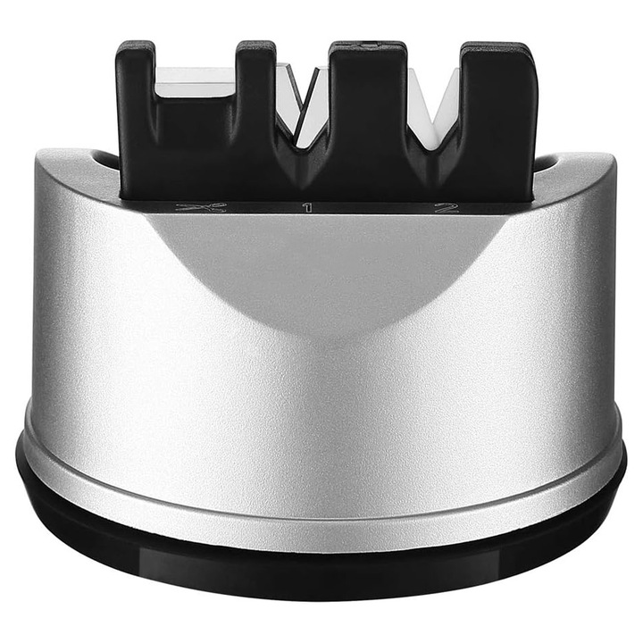 Késélező, Vaxiuja, Tapadókorongos, 3 nyílásos, Korrózióálló, Különféle késekhez használható, 60/60/60mm, ABS, Fekete/Ezüst