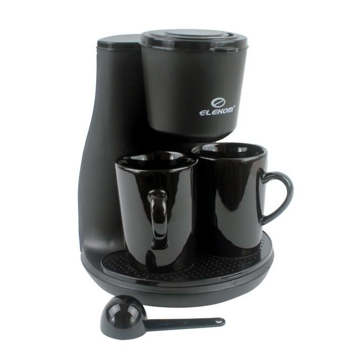 Aparat de cafea cu cesti Elekom EK-6621K, Filtru permanent, 2 cesti din portelan x 120 ml, capacitate rezervor 240 ml, 450 W