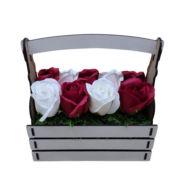 Cos din lemn ornamental alb multiform conturat model cu maner - Decorat cu flori de sapun parfumati rosu si alb fara mesaj