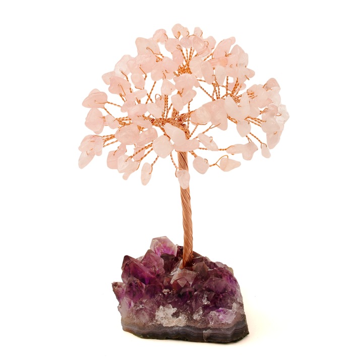 Декоративно дърво 12-13 см със 108 полускъпоценни естествени камъка Розов кварц на база аметист
