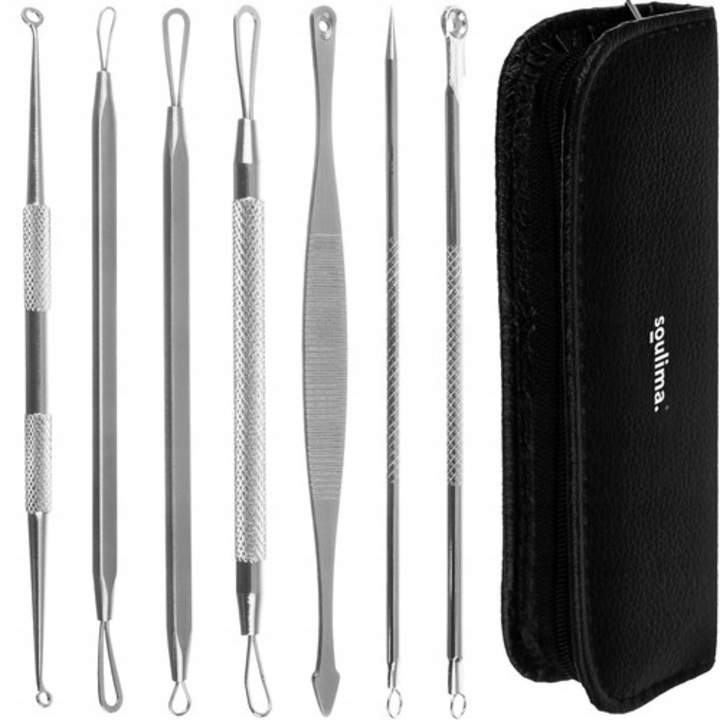 Set de 7 ustensile Soulima pentru curatarea porilor, inox, etui inclus, 5x15.5x2cm