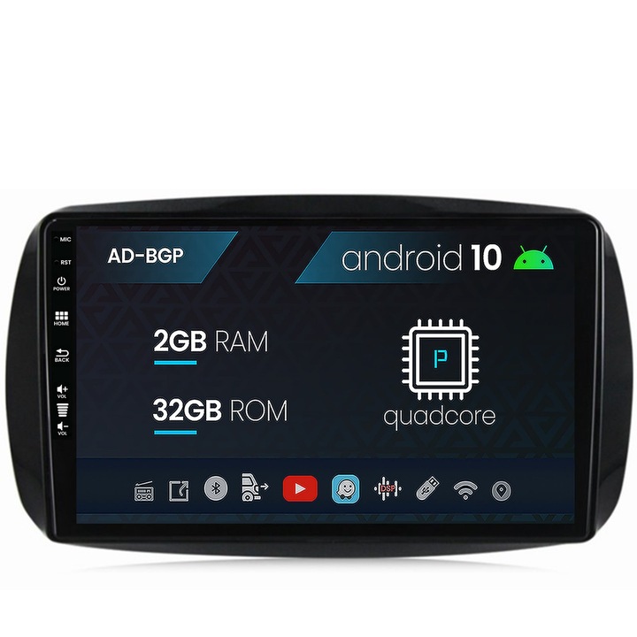 Navigáció Autodrop Smart for Two (2016-Present), Android 10, P-Quadcore, 2GB RAM, 32GB ROM, 9 hüvelyk - AD-BGP9002, AD-BGRKIT412