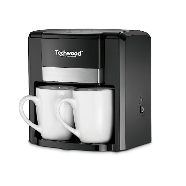 Кафемашина с две чаши Techwood TCA-206, 500W, Перманентен филтър, Черен