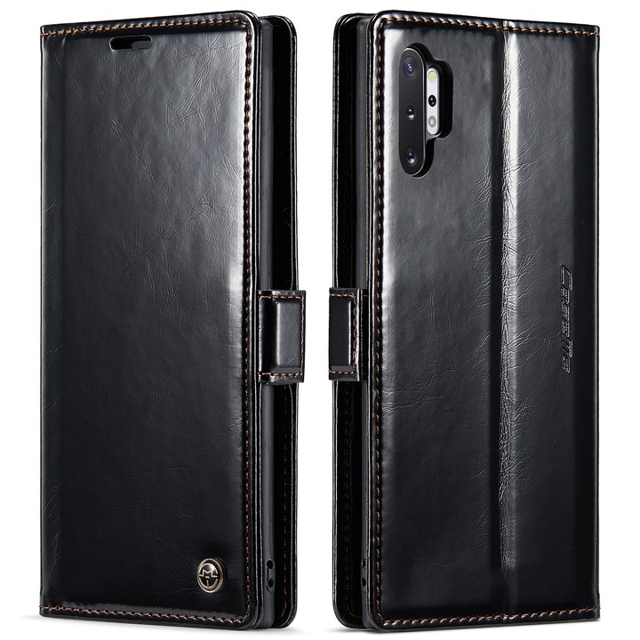 Калъф за Samsung Galaxy Note 10 Plus, CaseMe, фина кожа, тип портфейл, стойка, Бордо магнитно закопчаване, мека TPU подложка, Черно