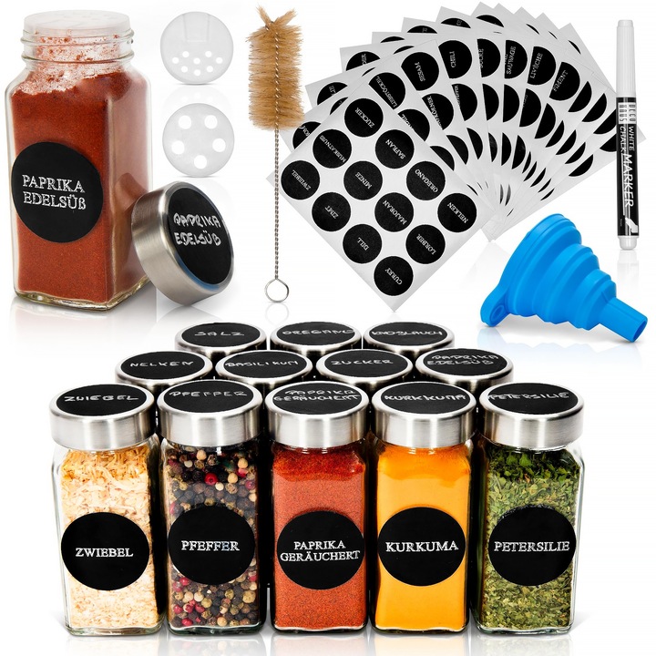 Deco Haus 12 буркана за подправки с капаци от неръждаема стомана - Комплект за подправки с етикети, фуния, четка за почистване, филц - за нашите 2 стени за подправки - празен, прозрачен стъклен съд и дозатор 120 ml, 10,5x4, 3 cm