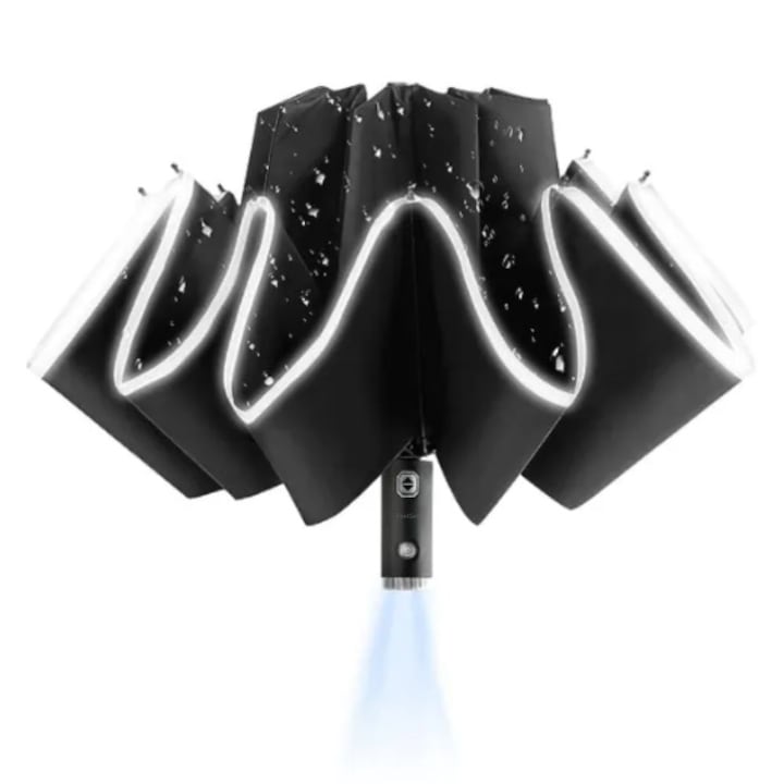 FeelSell automata esernyő elemekkel, zseblámpa, LED, fordított zárás, automatikus záró gomb, nyitás, csepegésgátló, gyors száradás, fényáram 5 IM, UV védelem 63x105 cm, Fekete