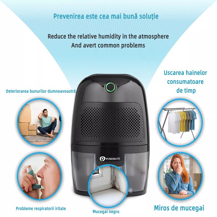 Dezumidificator, pentru Casa, Portabil, Silentios cu Functie de Oprire Automata, Capacitate Rezervor 600 ML 48 ore, Consum Redus de Energie, Tehnologie Peltier, Uscare mai Rapida a Rufelor, Culoare Negru