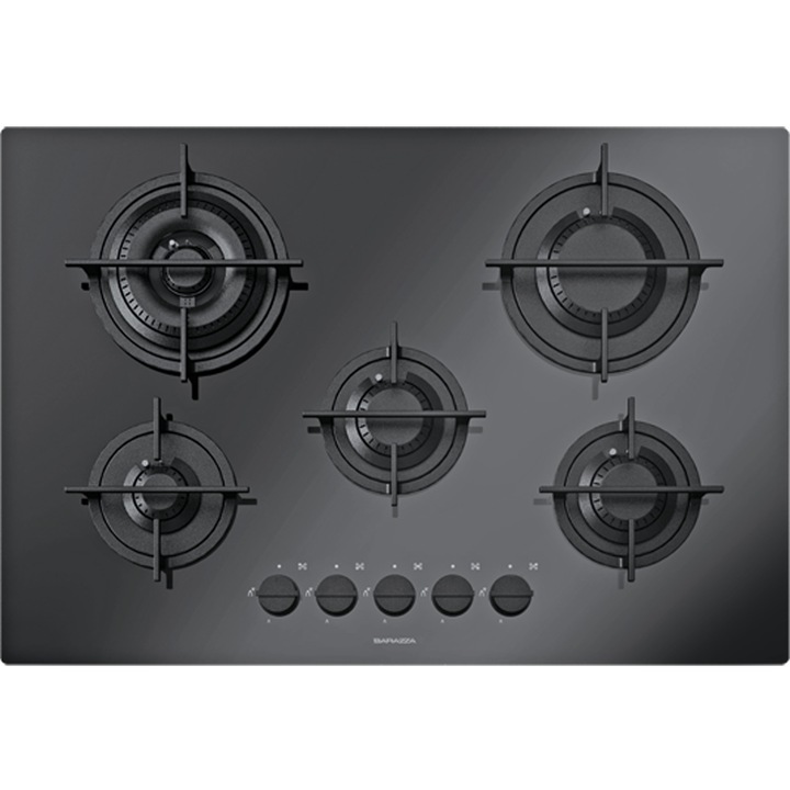 Beépített gáz főzőlap Barazza, 75 cm, 5 égős, Mood collection, elektromos gyújtás, robusztus öntöttvas grill, forgókapcsolók, kerámia üveg, könnyen tisztítható, modern kivitel, fekete