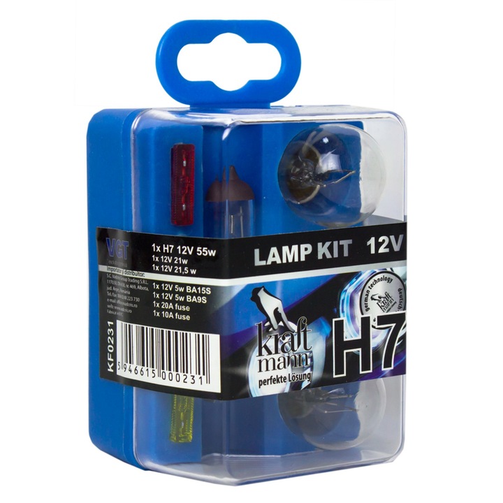 Комплект крушки и предпазители за кола за фар Kraftmann KF0231 H7 12V, 5 крушки, 3 предпазителя