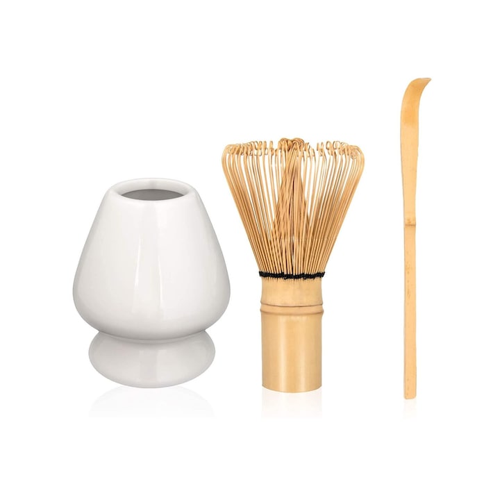 Set 3 accesorii ceai, WALALLA, Bambus/Ceramica, Maro/Alb