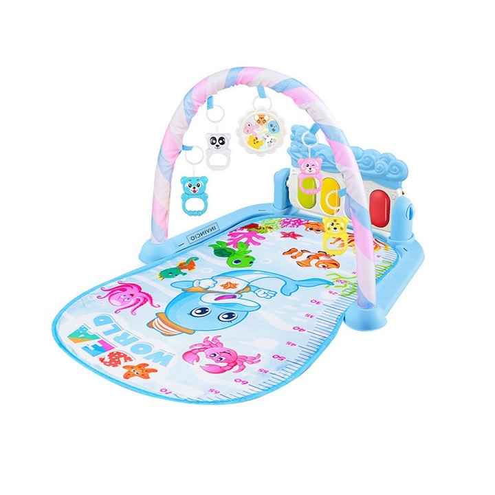 Centru de activitati si joaca multifunctional INVINCIO Baby 4 in 1, cu Lumini si Sunete, PIAN Detasabil, Jucarii, Oglinda detasabila, 4 Moduri de Joaca, saltea interactiva cu print „Ocean”, educativ si interactiv, Lavabil, Albastru