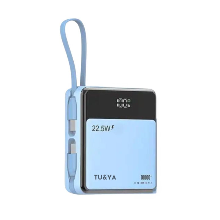 TU&YA® Hordozható gyorstöltő kód 2 az 1-ben, 10.000 Mah, digitális LED kijelző, Samsung, IPhone, LG, Huawei telefonokkal kompatibilis, univerzális és Type C kábellel e-cigarettához is, kék