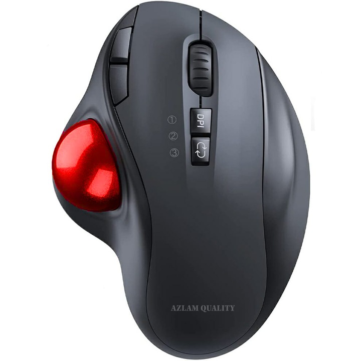 Mouse Trackball, Design ergonomic, Conectivitate dubla Bluetooth si 2.4G Wireless, Nivel DPI reglabil in 3 trepte, Receptor USB, Conectare 3 dispozitive simultan, Compatibilitate extinsa, 6 butoane, Bila detasabila, Reincarcabil, Negru