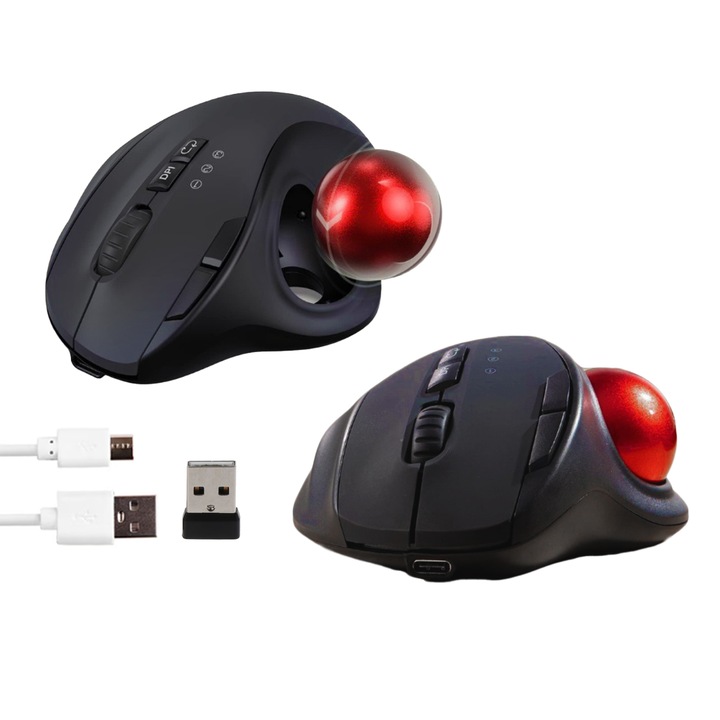 Trackball Egér, Ergonomikus, Bluetooth és 2.4G Vezeték Nélküli Kapcsolat, Nano USB Vevő, 3 Eszköz Egyidőben Történő Csatlakoztatása, 600 mAh Újratölthető Akkumulátor, 3 DPI Szint 1000/1600/2400, 6 Gomb, Előre/Hátra Gomb, Leválasztható Labda, ABS, Fekete