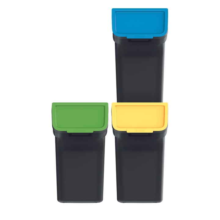 3 szemeteskuka készlet szelektív gyűjtéshez Prosperplast Stackbox Q, 38 x 24 x 45 cm, 20 l, fekete