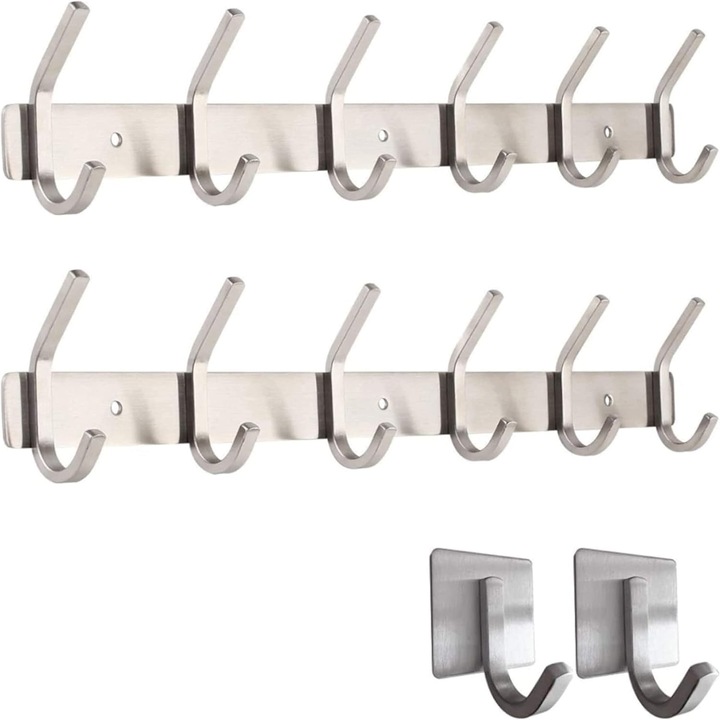 Set 2 Cuiere perete Smartpeas, inox periat, 12 carlige fixe, design modern, montaj pe perete, rezistent la rugina, max. 30 kg