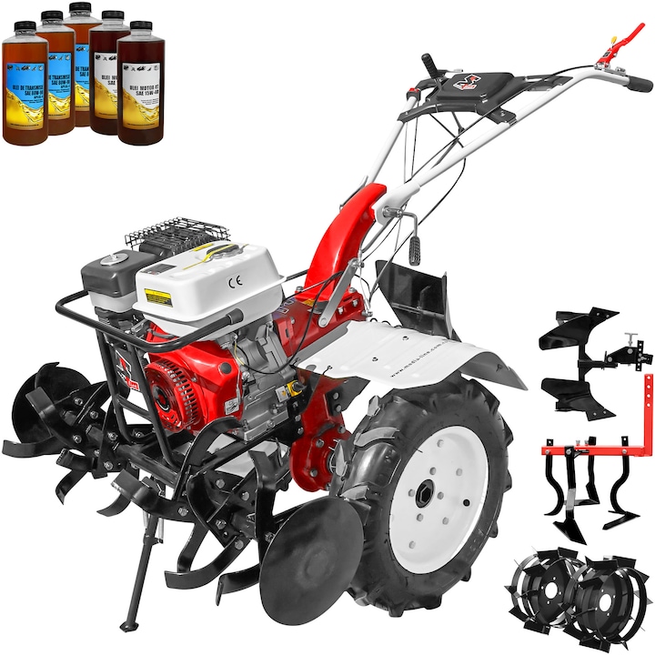 Motocultor Media Line 9500/5 CF, motor 10 CP, latime lucru 90 cm, freze, roti cauciuc 500x12, rarita fixa, roti metal, cultivator, plug reversibil, 5l ulei