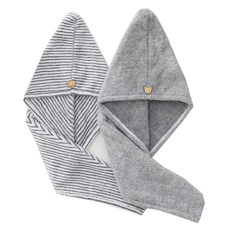 Комплект 2 Тюрбан, BOMSTOM, абсорбиращ, Микрофибър, за сушене на коса, 25/65 см, Светло сив