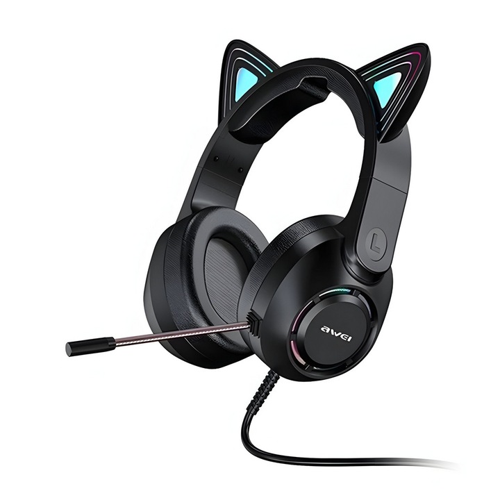 Casti gaming over-ear cu fir Awei GM9, 50mm, Adjustabile, Urechi Pisica RGB, Microfon Omnidirectional, 2.1m, Black