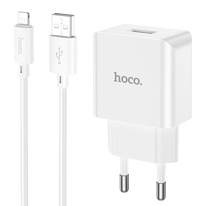 Set Incarcator Retea USB-A, 5V, 2.1A. + Cablu date si incarcare pentru iPhone, USB-A la Lightning, 1m, Adaptive Charging, HOCO (C106A)