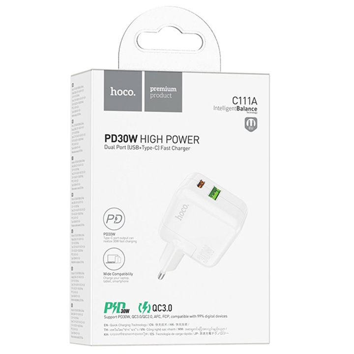 Incarcator Retea, Power Delivery 30W, Dual Ports, USB-A 18W + USB-C 30W, QC 3.0, Fast Charging, 5V, 3A, Lucky Series, HOCO (CA111A)