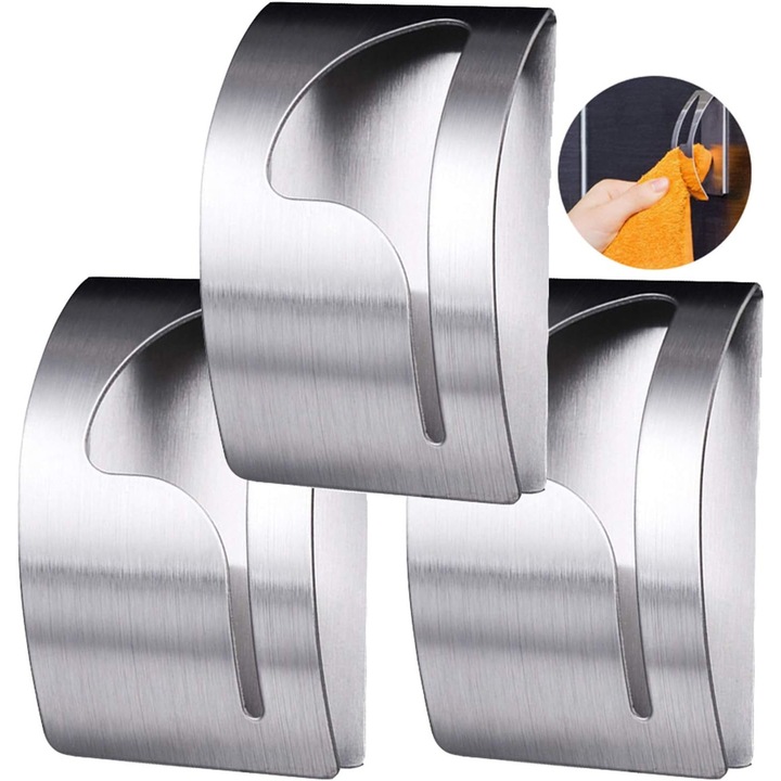 Set 3 carlige autoadezive pentru prosoape, inox, rezistente la apa, multifunctionale, argintiu