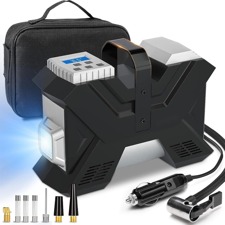 Цифров автомобилен компресор, 150 PSI, LED, DC 12V, 120W, автоматично изключване, черен