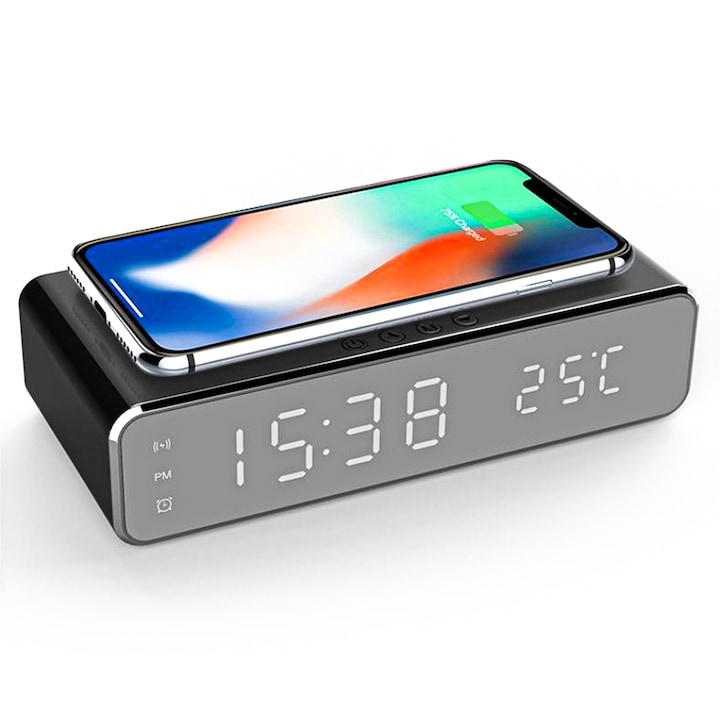 Incarcator Wireless Timebox, Fast Charge 10W, cu ceas digital si alarma, compatibil cu iPhone, Samsung, Huawei, Negru