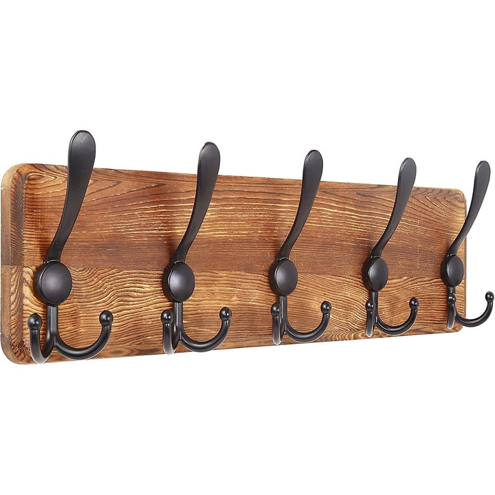Cuier perete, QttvbTna, 5 carlige triple, lemn masiv, 44x11.5cm, maro