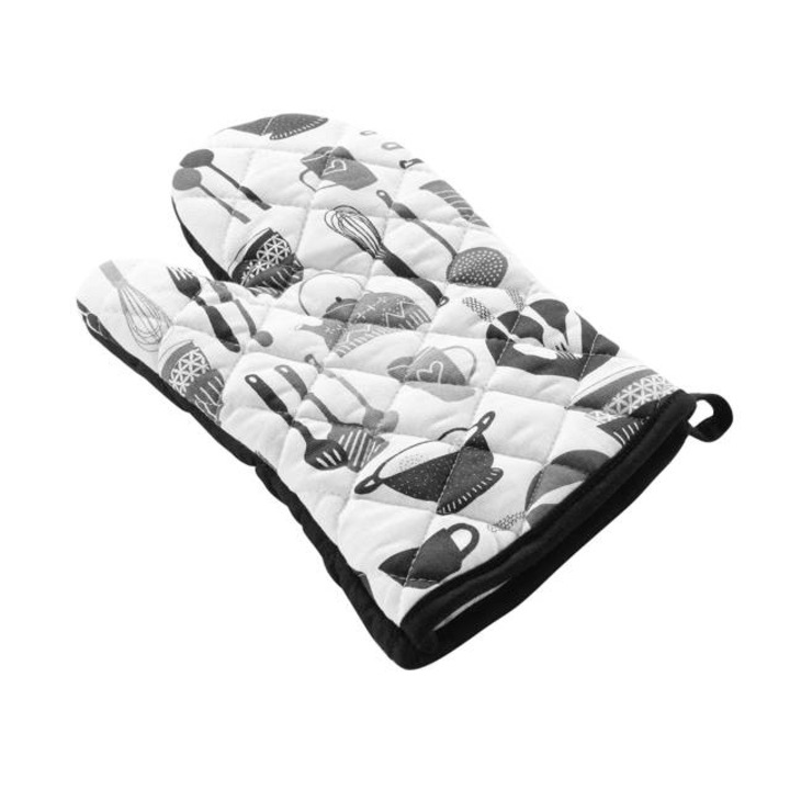 Konyhai sütőkesztyű, pamut szilikon erősítéssel, 30 x 18 cm, fekete-fehér