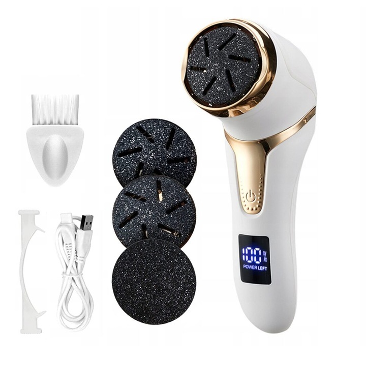 Set Pila electrica pentru talpi si calcaie, PROtone, cu Aspirare, IPX 6, Display Digital, Led, Acumulator 1200 mAh, Incarcare USB, Impermeabil, 3 role, 2200 rpm, Indepartare piele moarta, Indepartare calus, Alb/Auriu