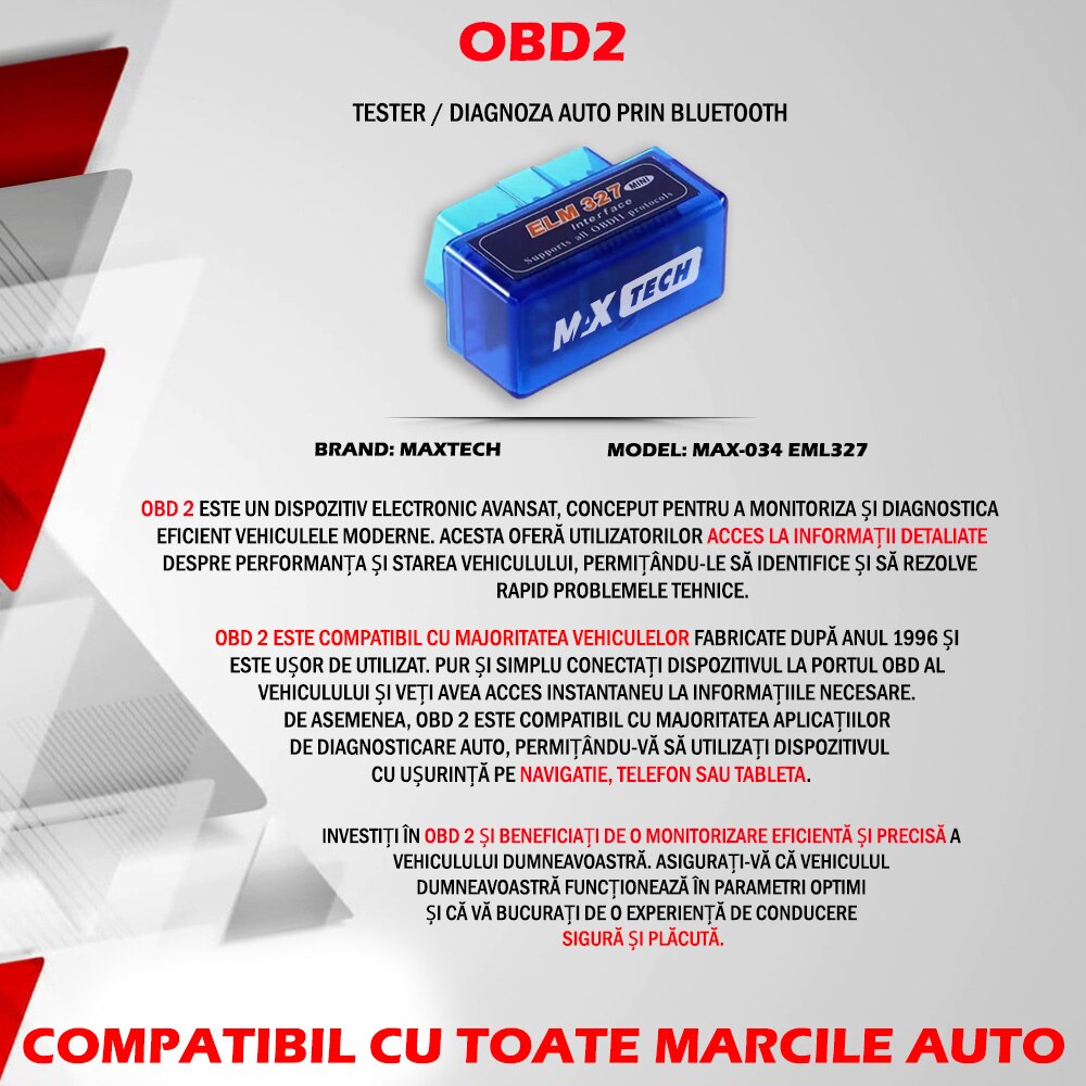 Interfata Tester Auto Obd Maxtech Model Mini Elm Prin Bluetooth Compatibil Cu