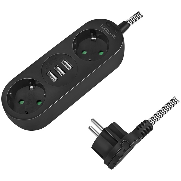 Prelungitor LogiLink LPS262U, cordon textil, stecher plat, 2 prize, 3xUSB-A 5V/3.2A 16W, IP20, cablu H05VV-F 3G 1,5 mm², cordon 1.5 m, Negru/Alb