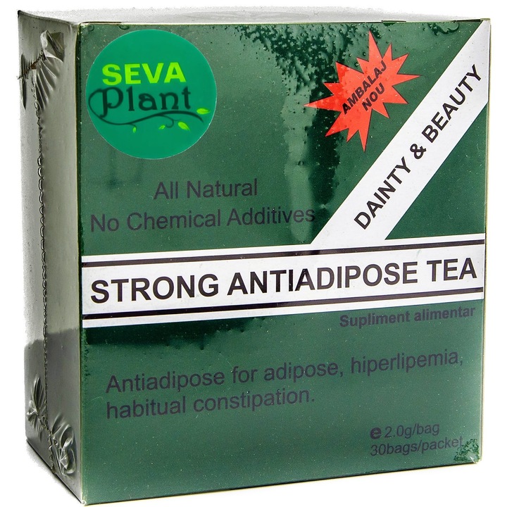 Ceai antiadipos verde Strong, pentru slabit si contra obezitatii, formula noua, Dainty Beauty, 30 doze x 2gr, SevaPlant