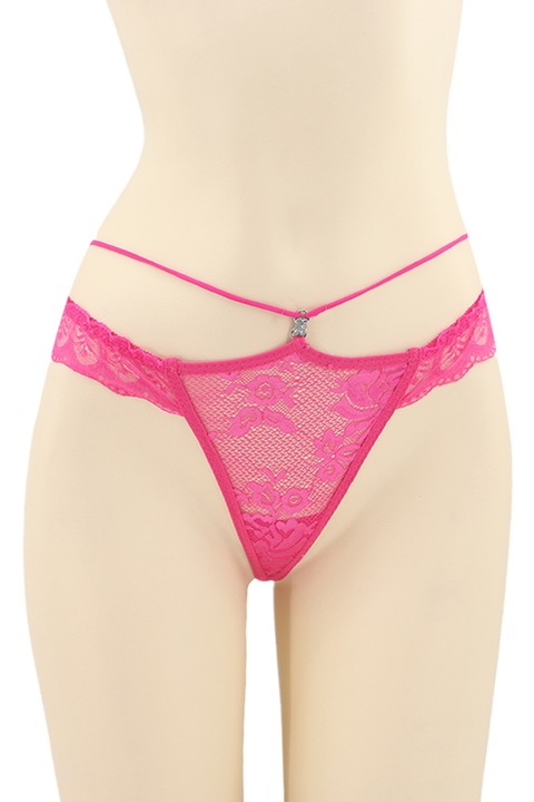 Chiloti sexy tanga cu dantela brodata si aplicatie metalica DZK-1790roz 93338, Roz, One Size