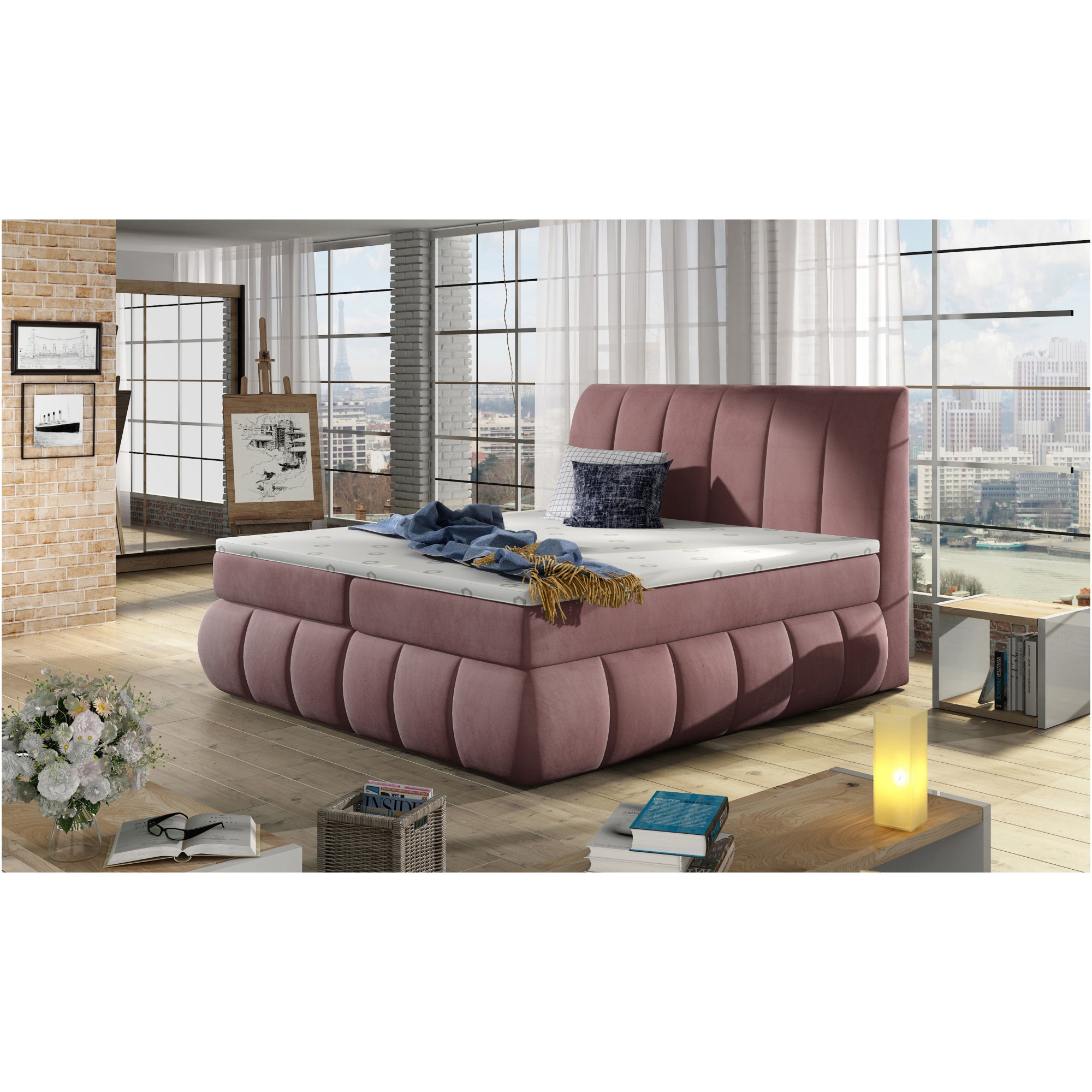 Lacuri Roz Boxspring ELTAP Vincenzo 2 locuri, roz, 180x224x126 cm, cu 2 cutii de ...
