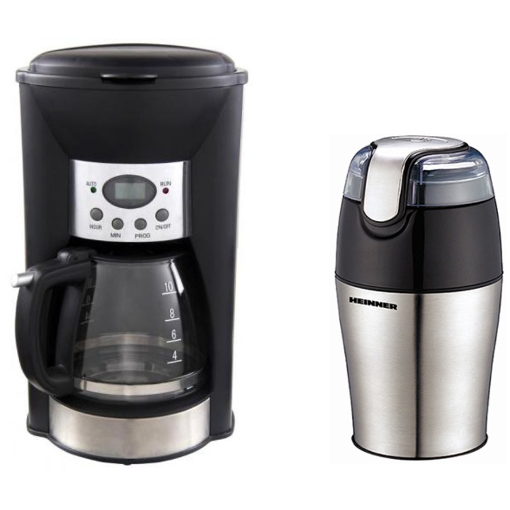 Pachet Heinner: Cafetiera digitala Essentials HCM-1200D, 1000 W, 1 l, Negru + Rasnita de cafea HCG-150SS, 150W, Inox
