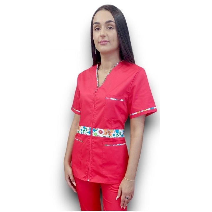 Halat medical Premium Flex din tercot elastic rosu cu insertie florala, Marimea 46, Colectia Halatul meu, AMA Medical Scrubs