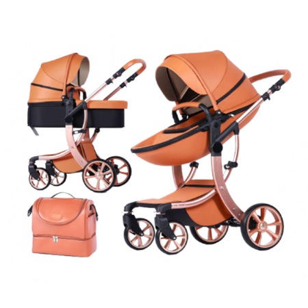 Carucior bebelusi multifunctional, Egg Shape, 2 in 1, culoare maro, suspensie dubla