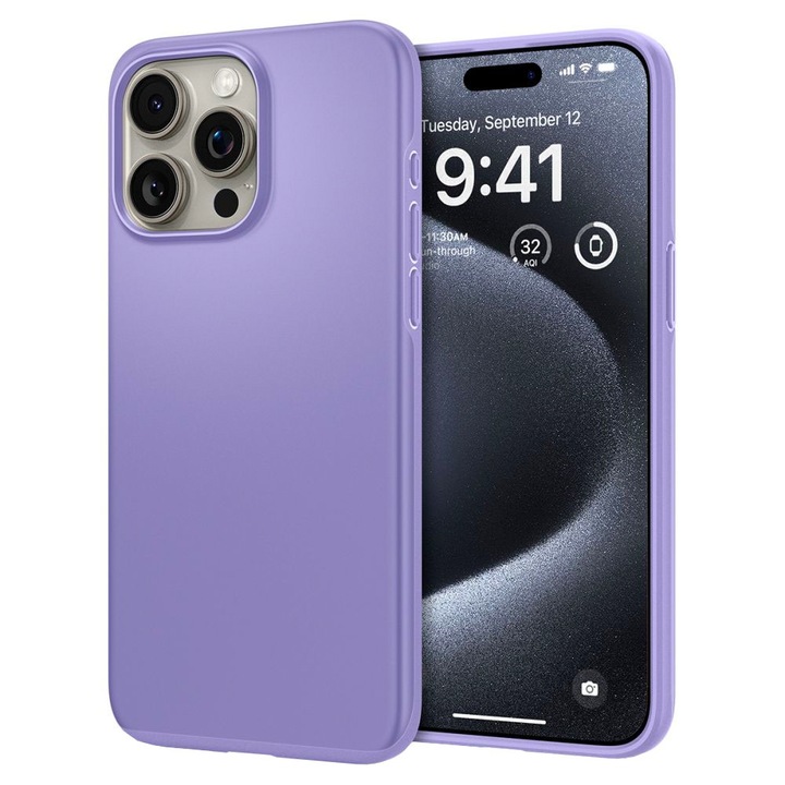 Vékonyan illeszkedő védőtok iPhone 15 Pro készülékhez, hőre lágyuló poliuretán, elegáns textúra, rendkívül biztonságos kamera, optimális megoldás, lila