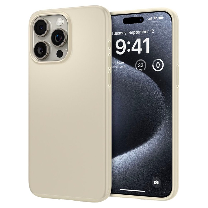 Vékonyan illeszkedő védőtok iPhone 15-höz, hőre lágyuló poliuretán, elegáns textúra, rendkívül biztonságos kamera, optimális megoldás, bézs