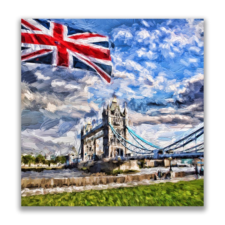 Първокласна картина на платно, LuxCanva® A1077, Тауър Бридж, 50 X 50 CM, 100% памучно платно 400g/m2, Дървена рамка, Мост, Лондон, Флаг, Обединеното кралство, Живи цветове