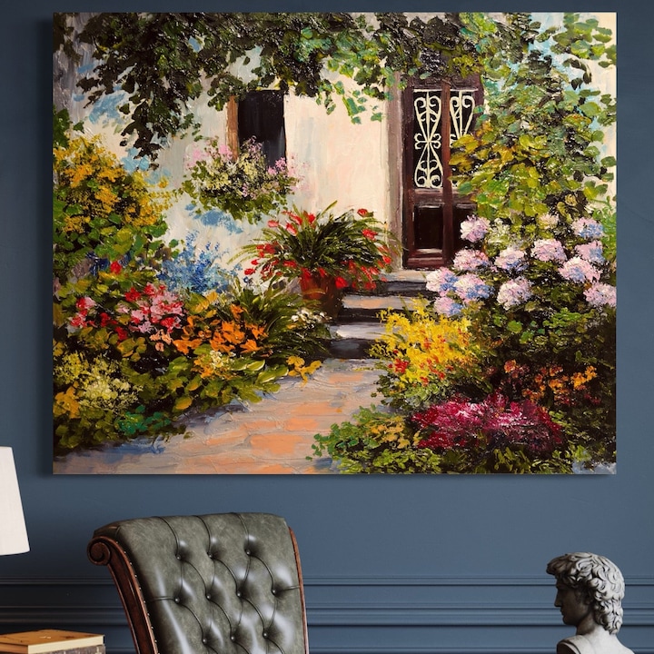 Tablou Canvas Premium, LuxCanva® A1078, Aleea Cu Flori, 90 X 110 CM, Panza Bumbac 100% 400g/m2, Sasiu Lemn, Peisaj, Gradina, Casa, Natura, Culori Vibrante