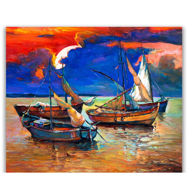 Премиум картина върху платно, LuxCanva® A1081, Лодки в морето, 100 X 120 см, 100% памучно платно 400 г/м2, дървена рамка, пейзаж, залез, море, платна, ярки цветове