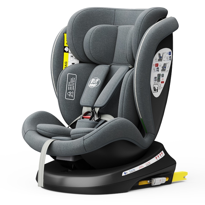 Столче за кола BUF BOOF TWT i-size DELUXE, С Isofix въртящо се на 360 градуса, До 36 кг, Сив